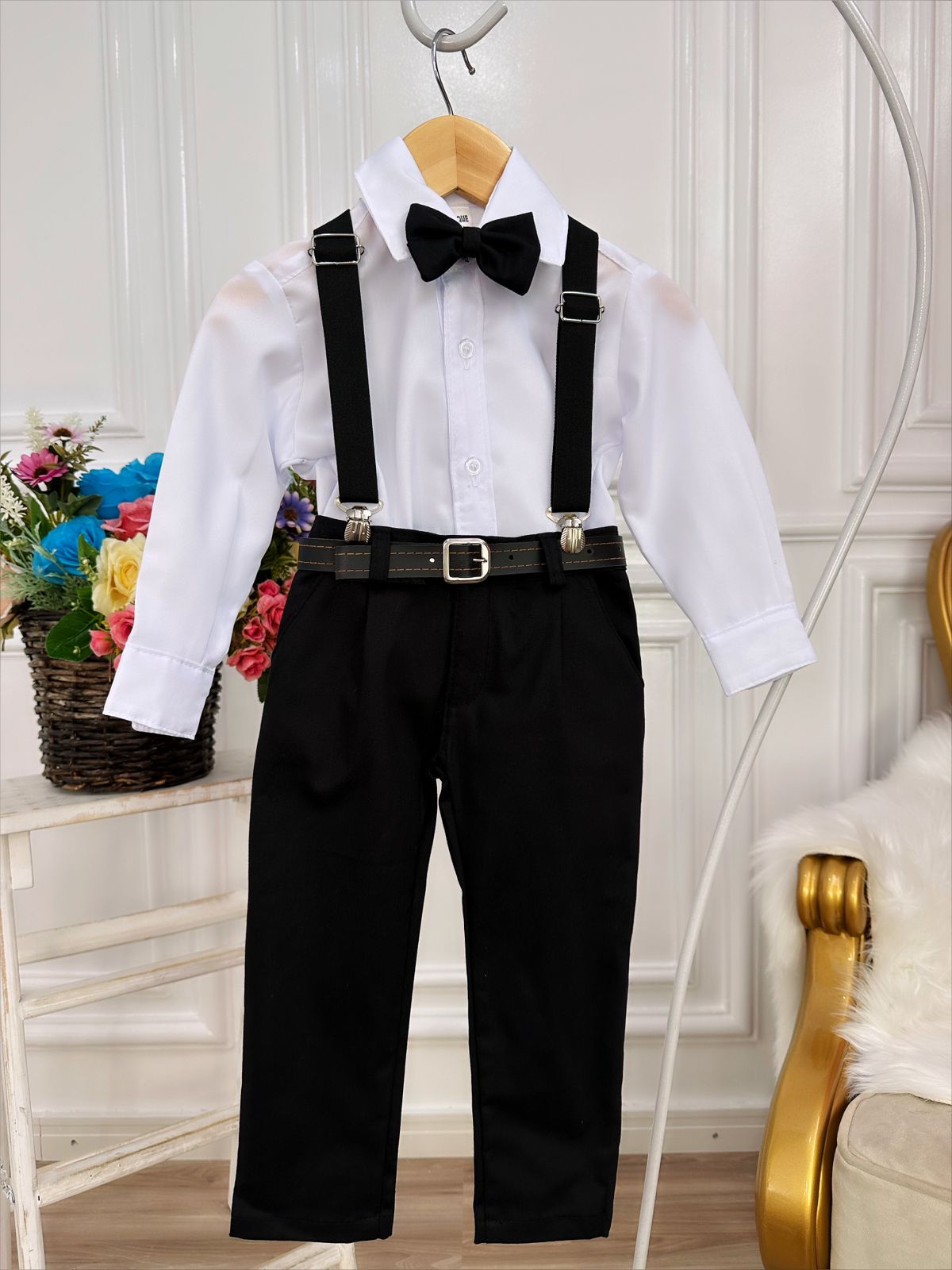 Conjunto Social Infantil Preto com Camisa, Gravata, Calça e Suspensório