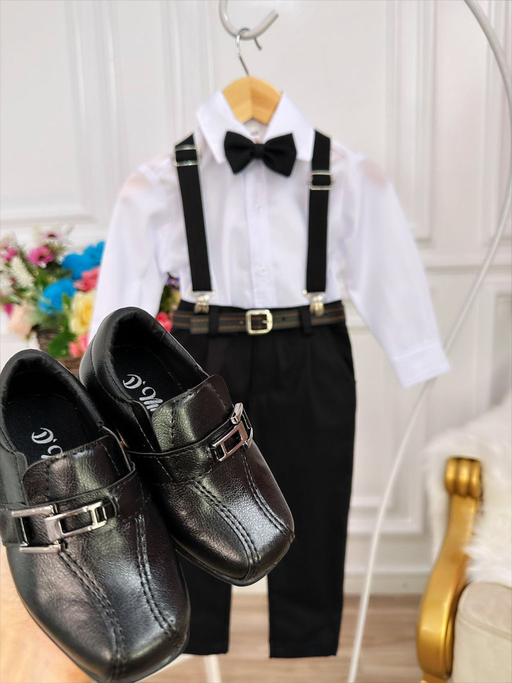 Conjunto Social Infantil Preto com Camisa, Gravata, Calça e Suspensório