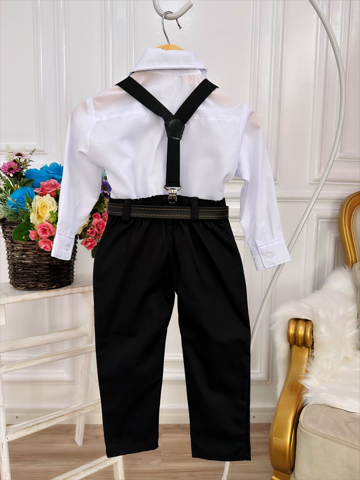 Conjunto Social Infantil Preto com Camisa, Gravata, Calça e Suspensório