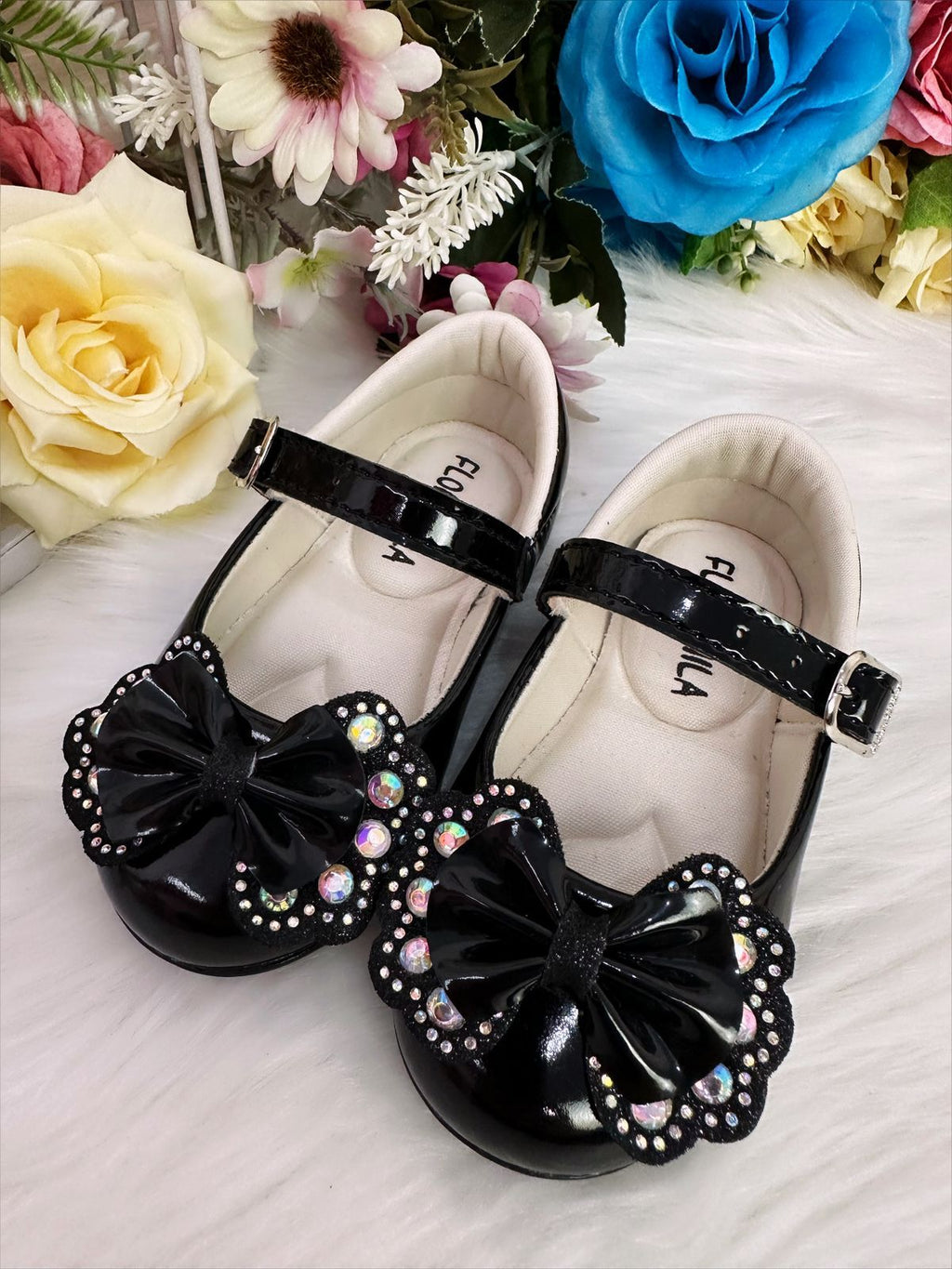 Sapatinho Bebê Verniz Preto Com Laço Glitter e Strass