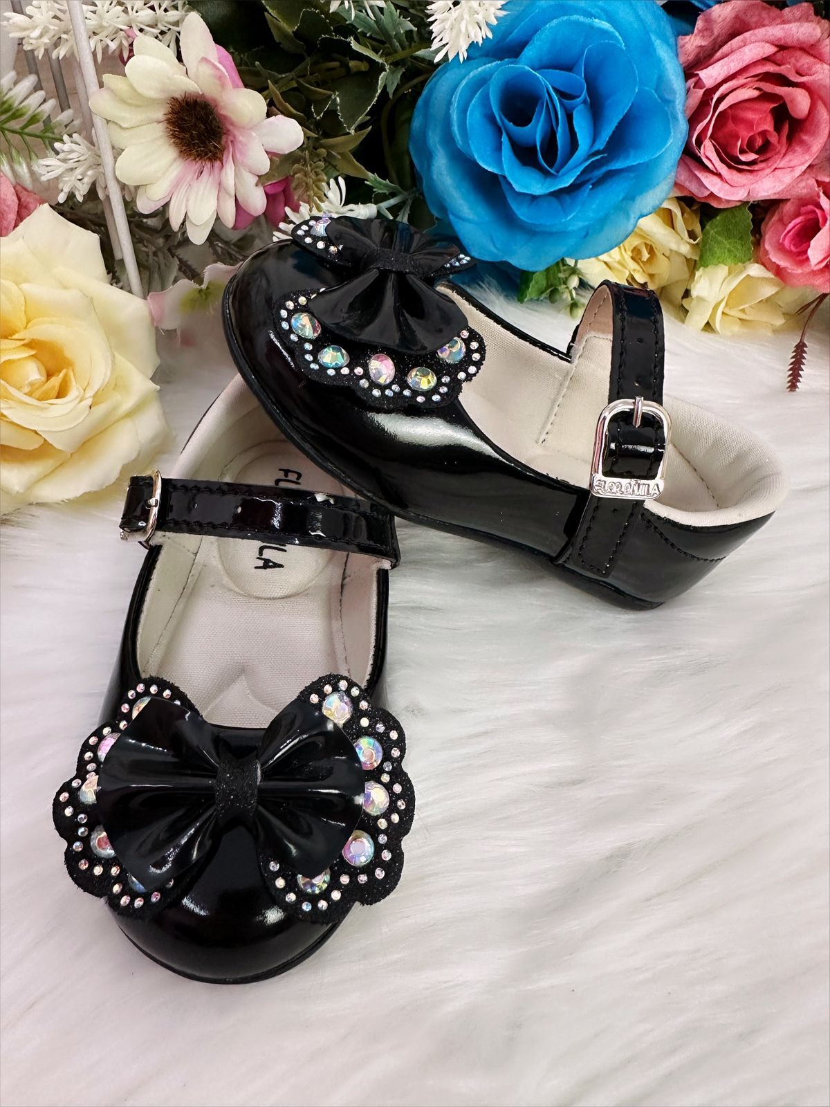 Sapatinho Bebê Verniz Preto Com Laço Glitter e Strass