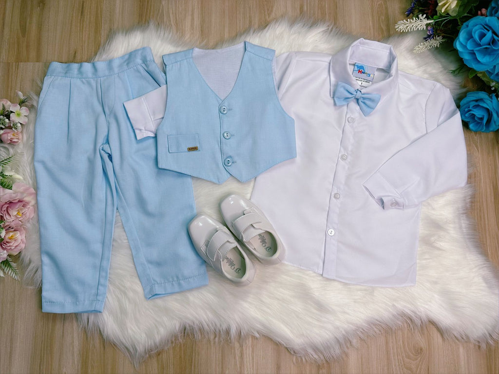Conjunto Social Azul com Colete e Calça e Camisa Branca