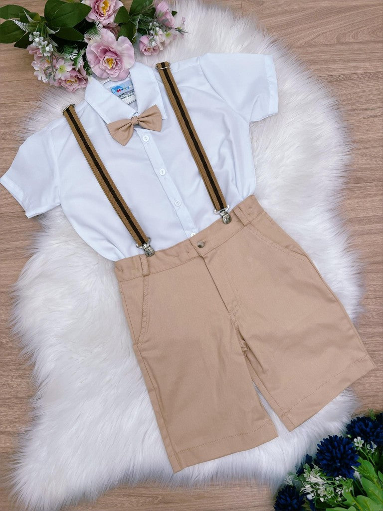 Conjunto Social Infantil Menino Caqui com Camisa em Poliéster e Calça em Algodão