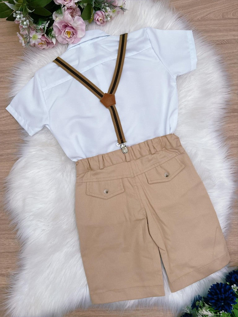 Conjunto Social Infantil Menino Caqui com Camisa em Poliéster e Calça em Algodão