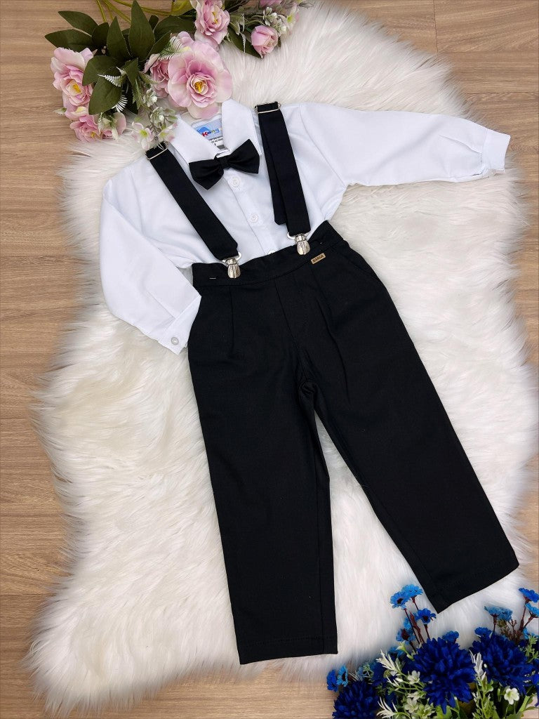 Conjunto Social Infantil Camisa Branca Calça de Algodão e Gravata Preta