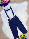Conjunto Social Infantil Azul e Branco com Camisa em Poliéster e Calça em Algodão