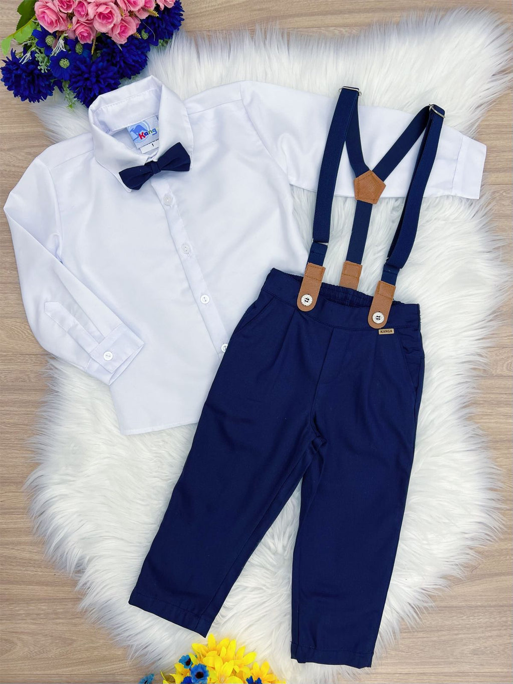 Conjunto Social Infantil Azul e Branco com Camisa em Poliéster e Calça em Algodão