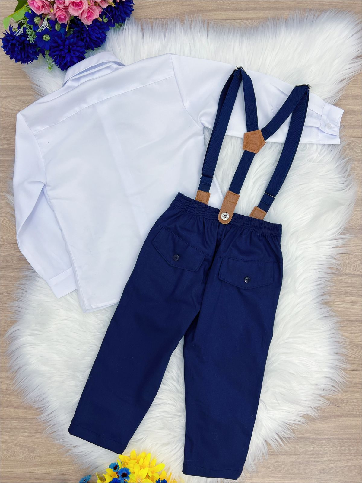 Conjunto Social Infantil Azul e Branco com Camisa em Poliéster e Calça em Algodão