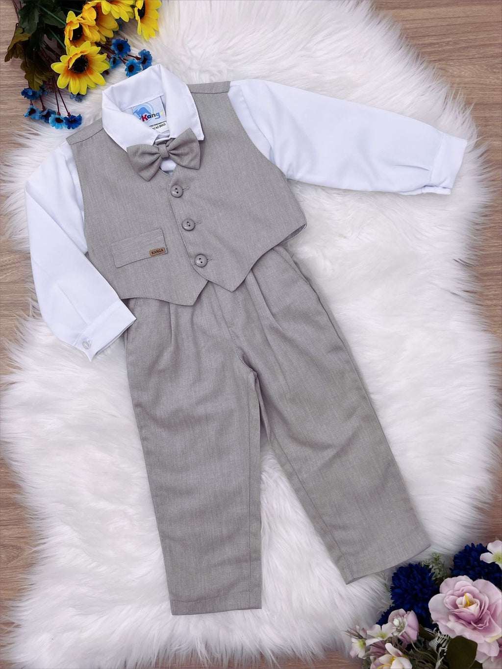 Conjunto Social Infantil Camisa Branca Colete Gravata e Calça Cinza