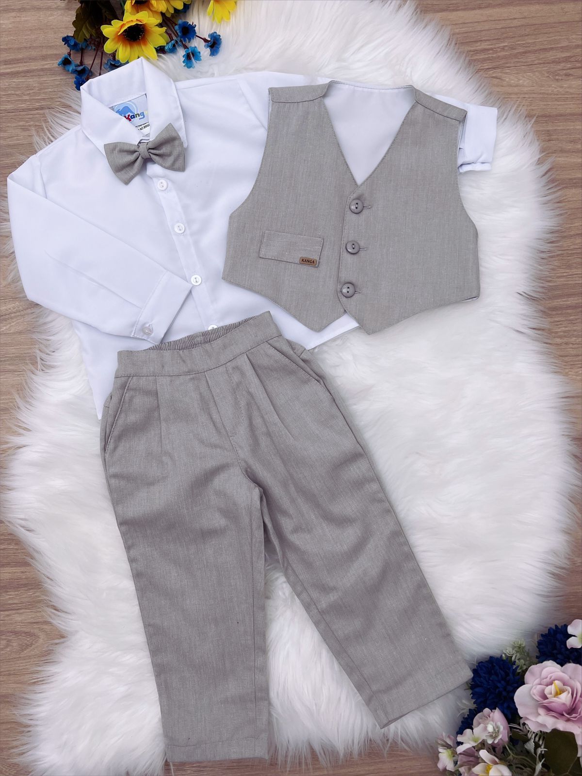 Conjunto Social Infantil Camisa Branca Colete Gravata e Calça Cinza