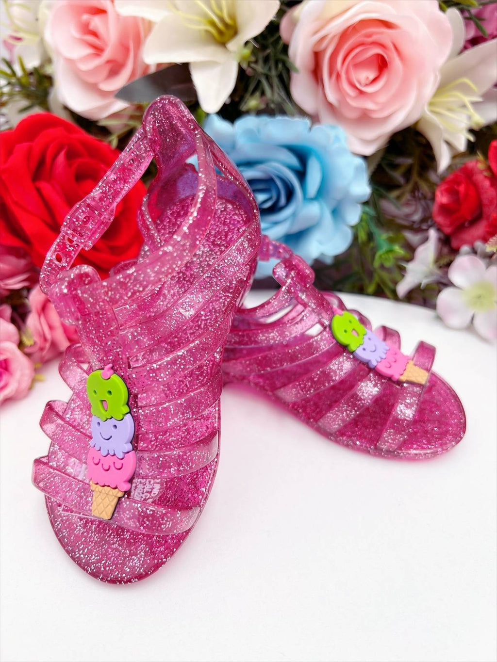 Sandália Infantil Rosa Gladiadora em Plástico Glitter com Aplique de Sorvete