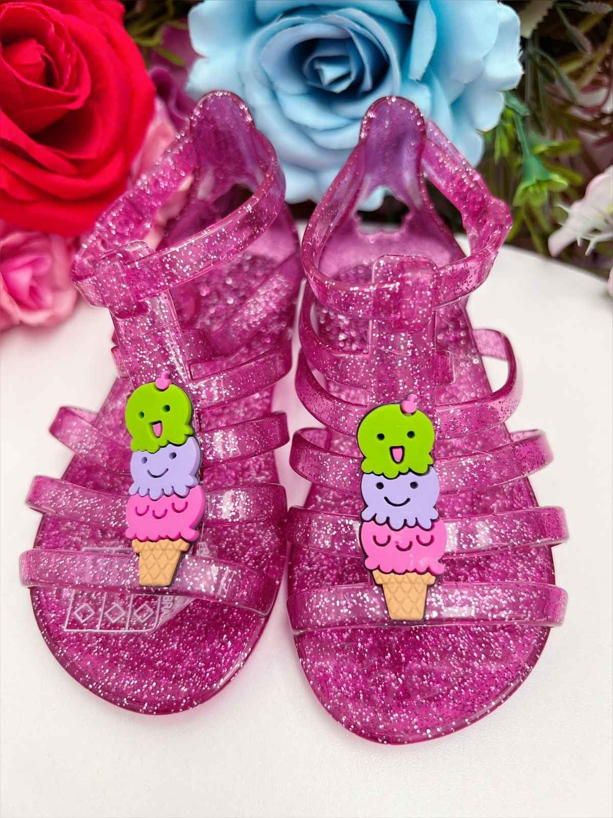 Sandália Infantil Rosa Gladiadora em Plástico Glitter com Aplique de Sorvete
