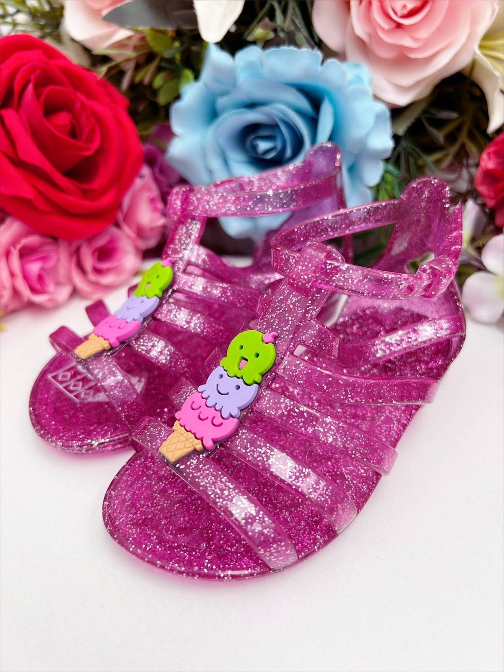Sandália Infantil Rosa Gladiadora em Plástico Glitter com Aplique de Sorvete