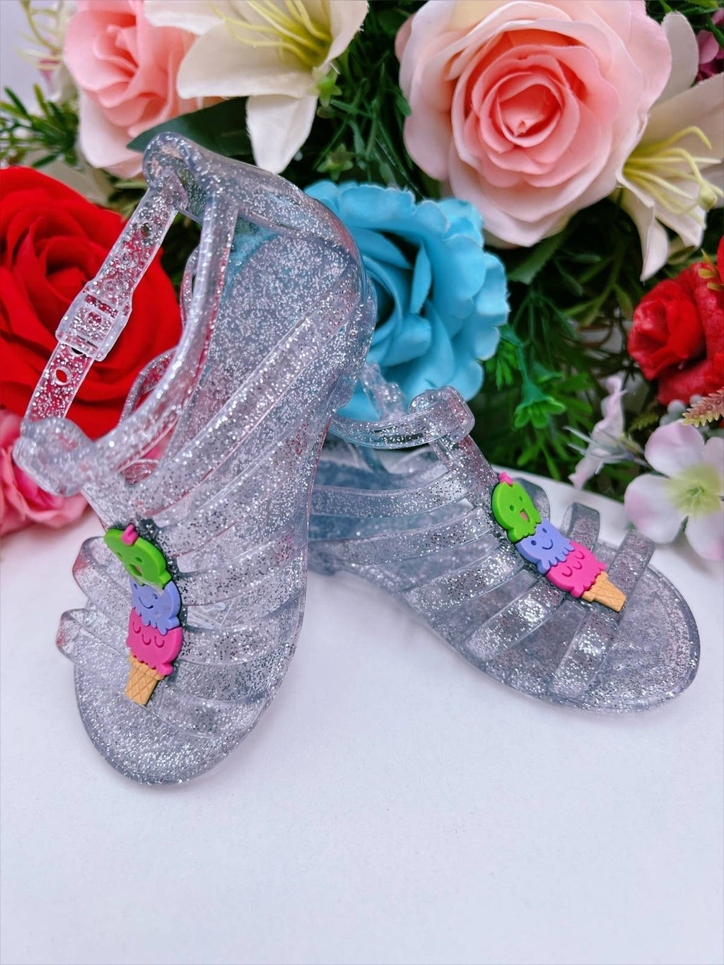 Sandália Infantil Gladiadora Prata Glitter com Aplique de Sorvete