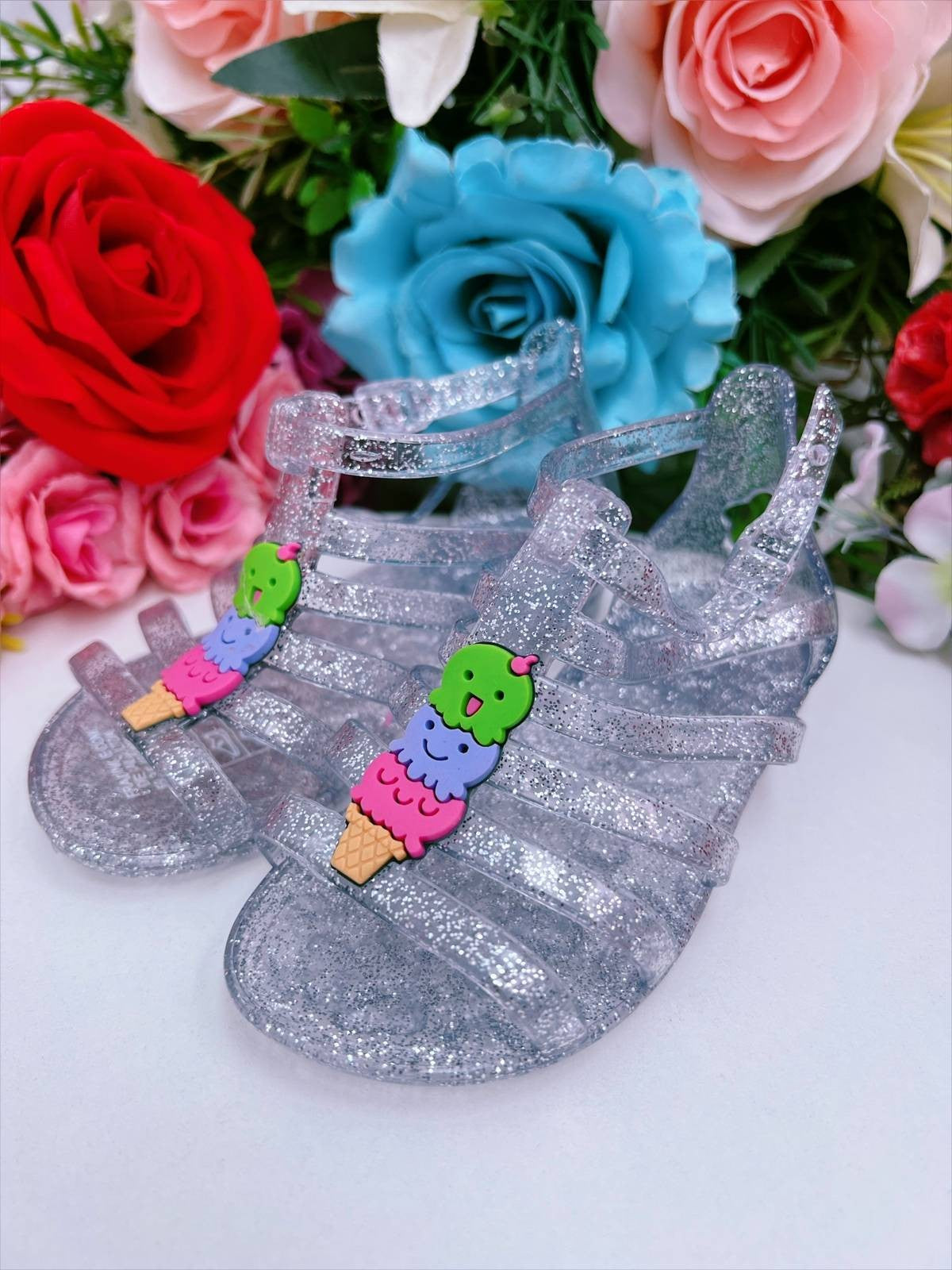 Sandália Infantil Gladiadora Prata Glitter com Aplique de Sorvete