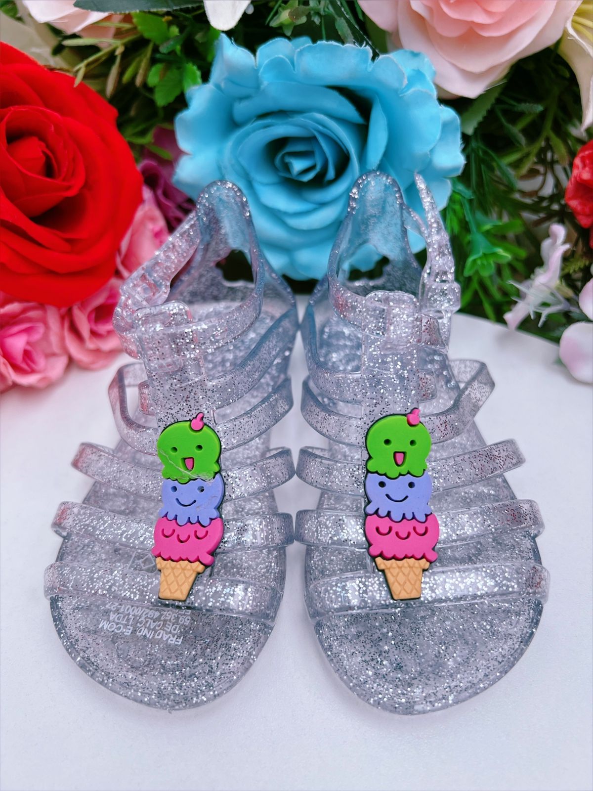 Sandália Infantil Gladiadora Prata Glitter com Aplique de Sorvete