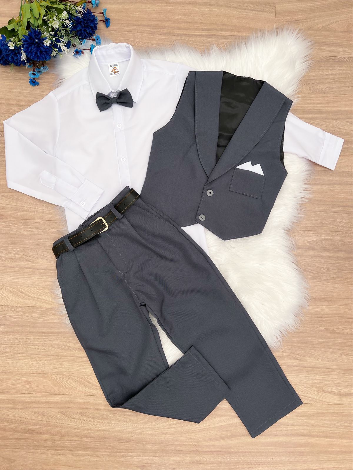 Conjunto Social Colete Calça Cinza Chumbo Camisa Branca