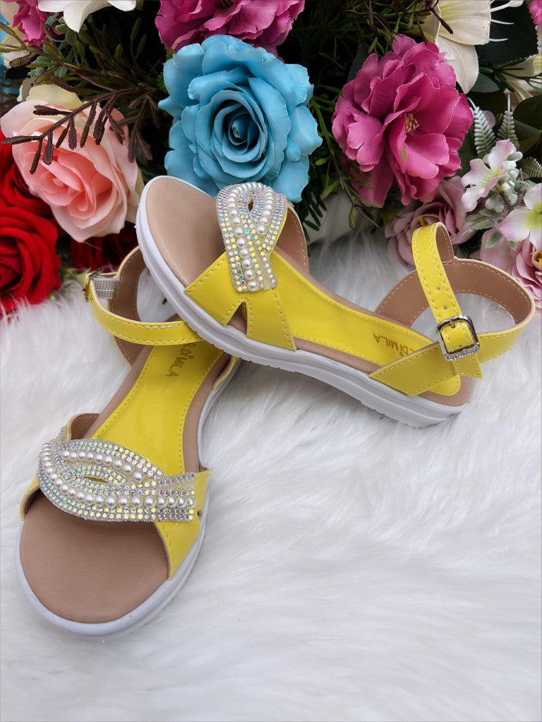 Sandália Infantil Rasteira Amarela Com Pérolas e Strass