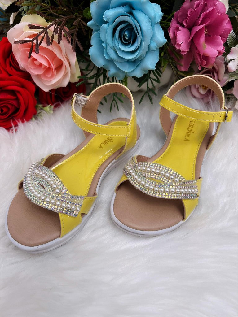Sandália Infantil Rasteira Amarela Com Pérolas e Strass