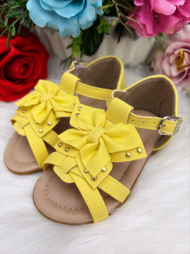 Sandália Infantil Amarela Fosca Com Laço Dourado