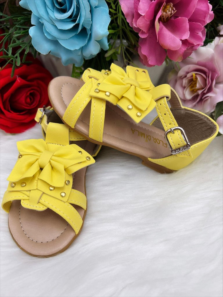 Sandália Infantil Amarela Fosca Com Laço Dourado