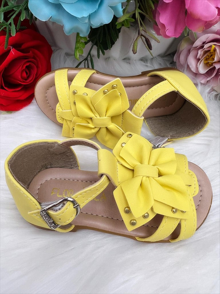 Sandália Infantil Amarela Fosca Com Laço Dourado
