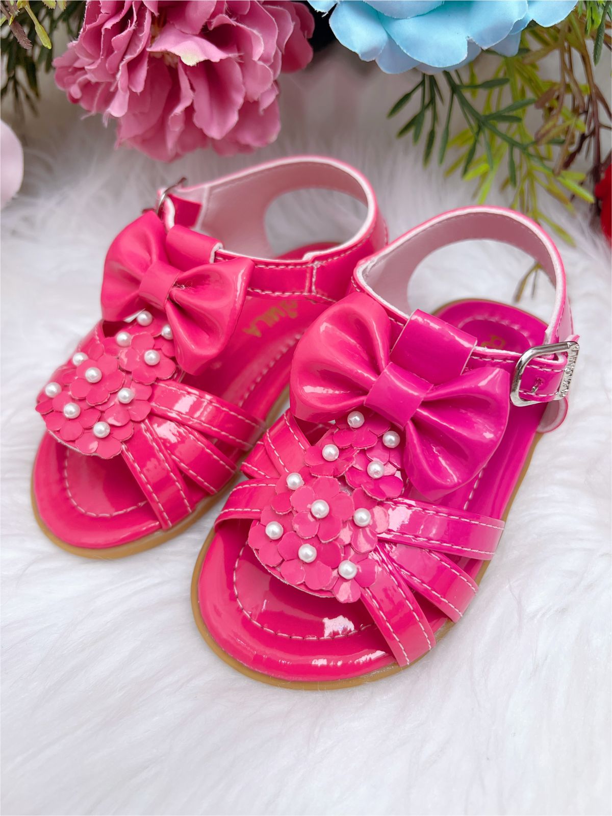 Sandália Infantil Pink Verniz com Laço e Aplique de Pérolas