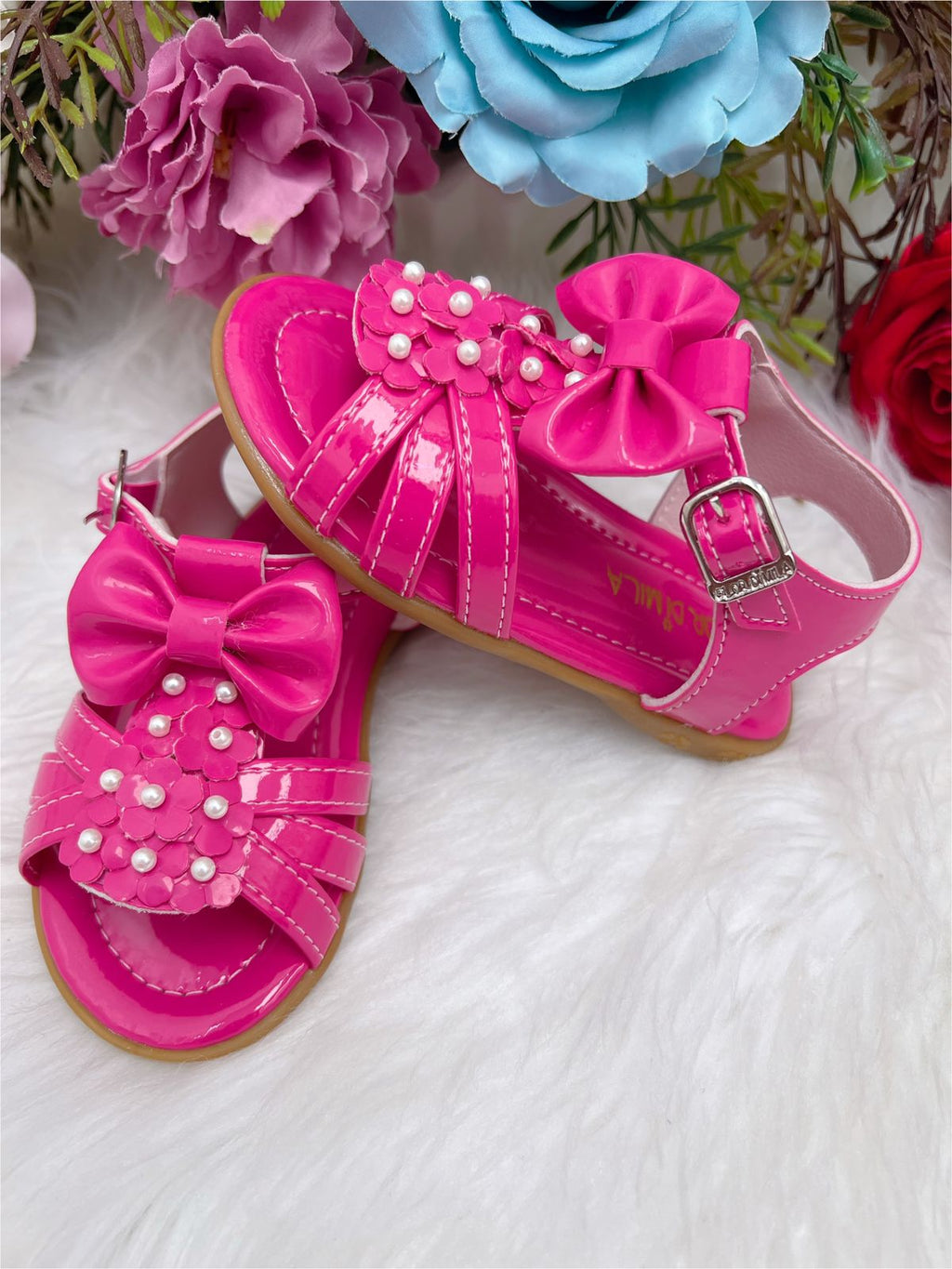 Sandália Infantil Pink Verniz com Laço e Aplique de Pérolas