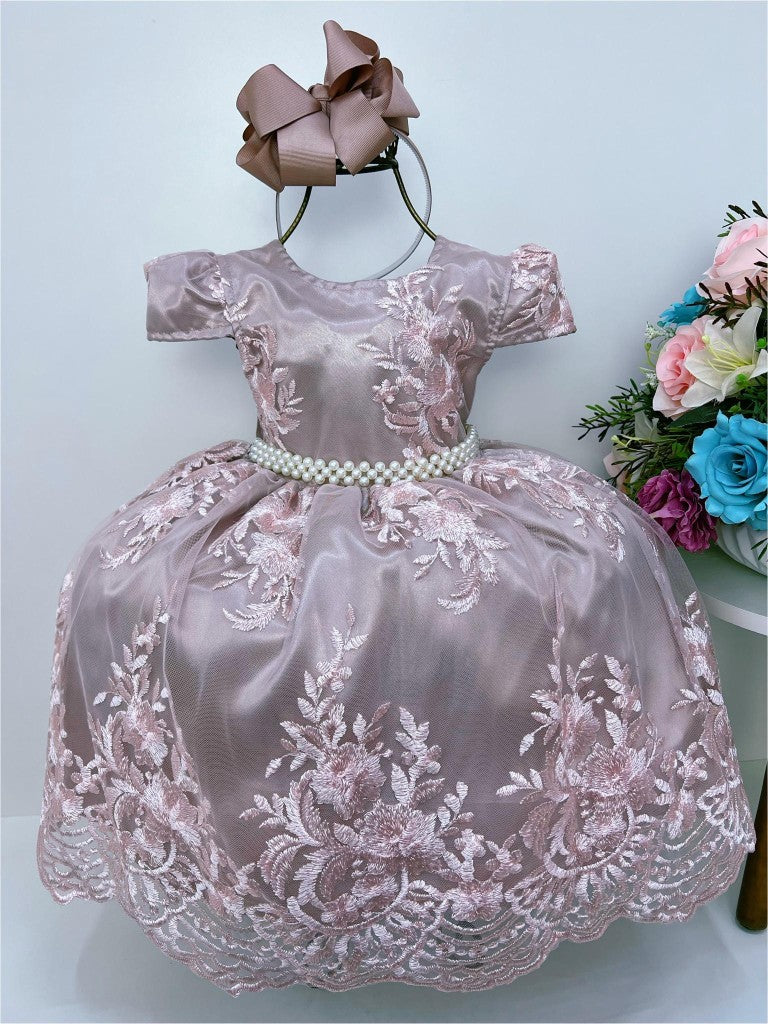 Vestido Infantil Rose com Renda e Cinto de Pérola