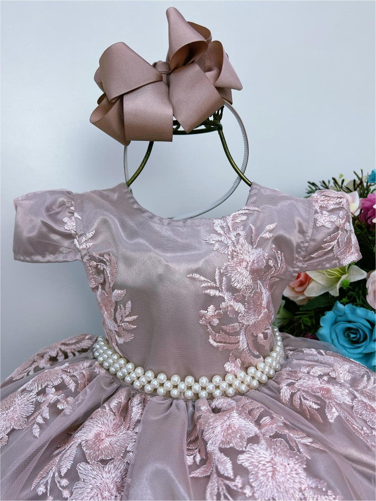 Vestido Infantil Rose com Renda e Cinto de Pérola