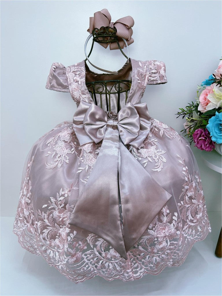 Vestido Infantil Rose com Renda e Cinto de Pérola