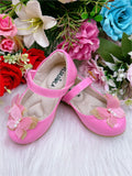 Sapatinho Infantil Verniz Rosa Chiclete com Aplique de Borboletas e Glitter