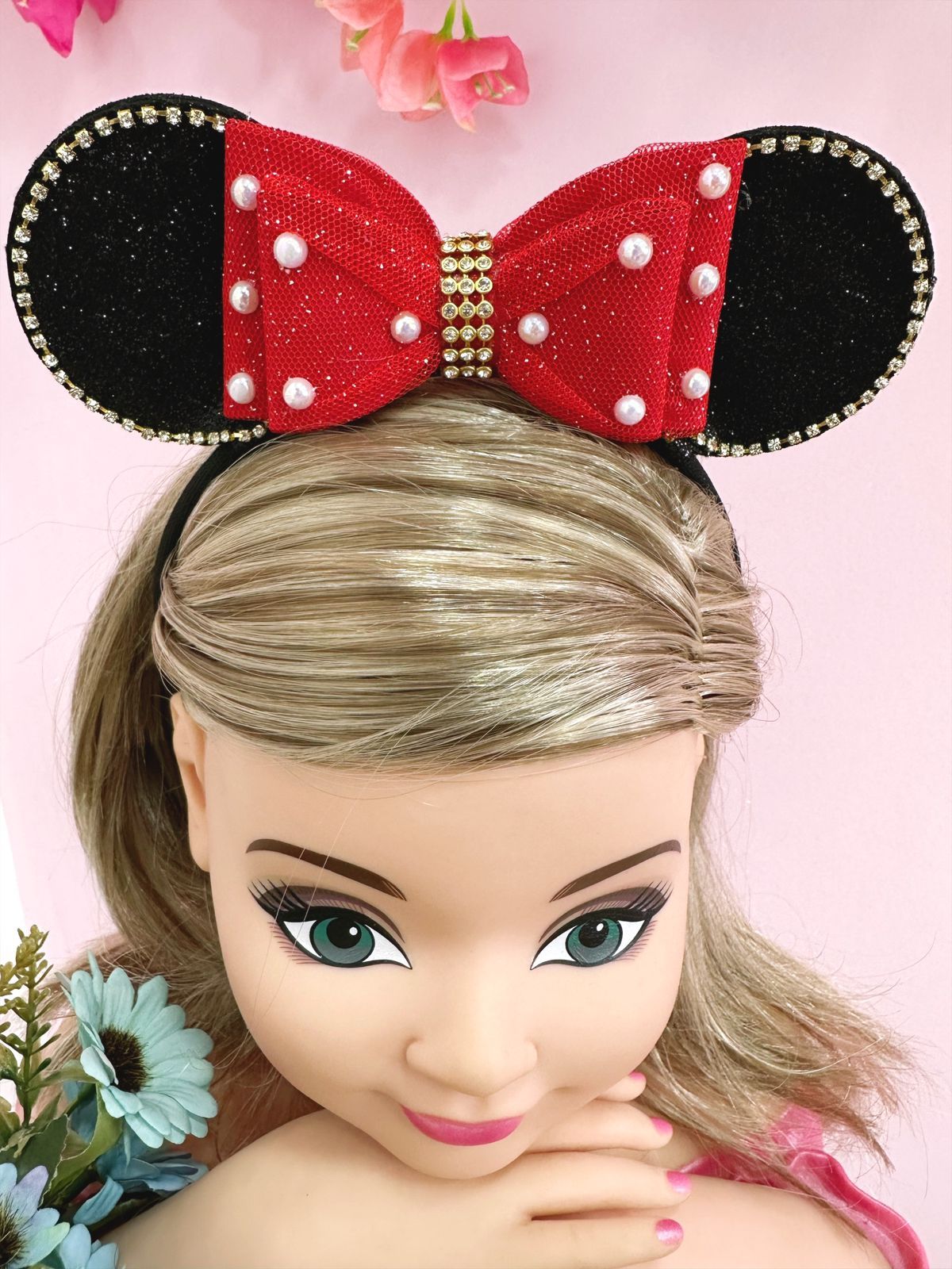 Tiara Infantil Minnie Vermelha Preta Pérolas Strass Tule
