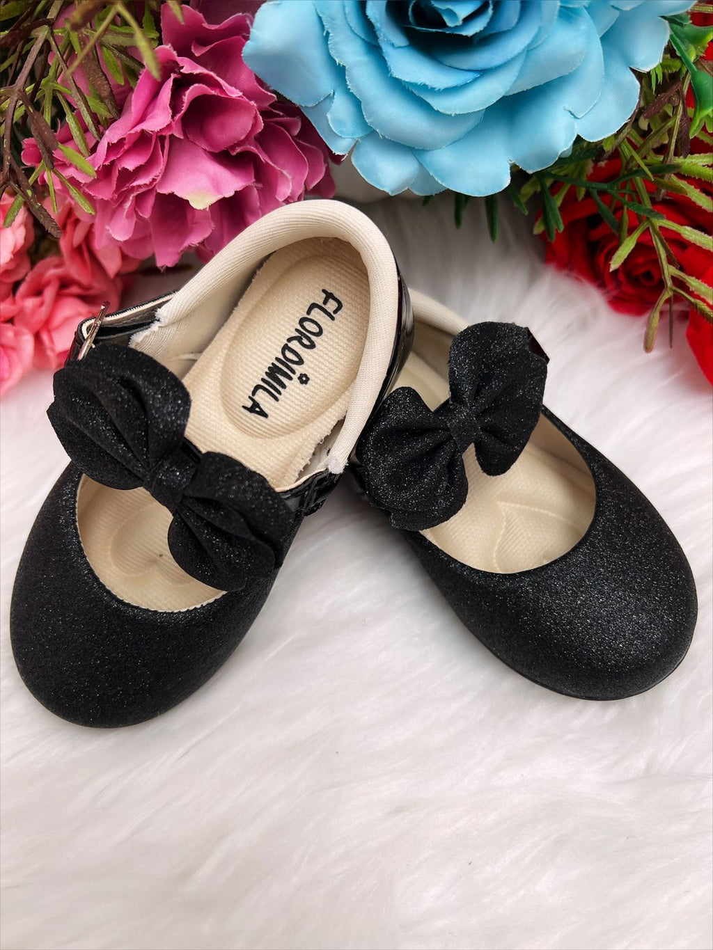 Sapatinho Bebê Preto Verniz Com Glitter e Laço para Festas