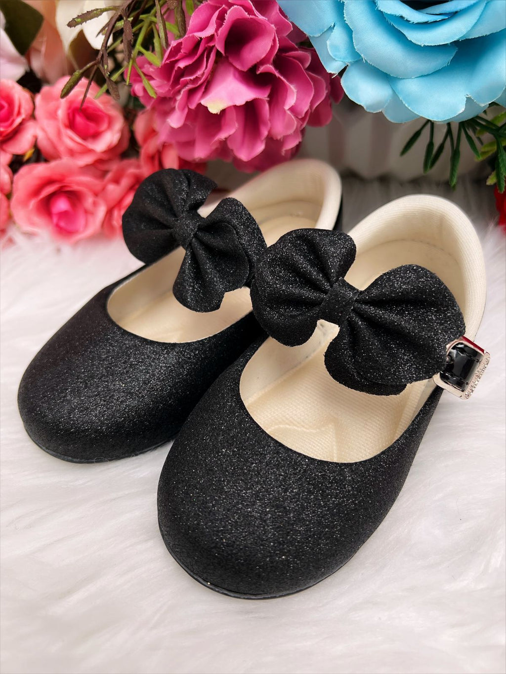 Sapatinho Bebê Preto Verniz Com Glitter e Laço para Festas
