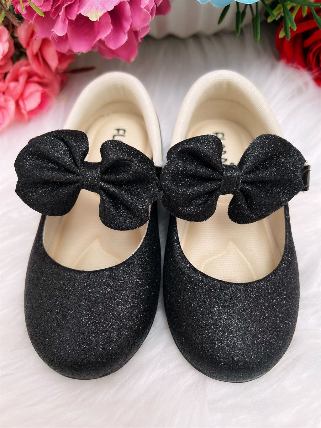 Sapatinho Bebê Preto Verniz Com Glitter e Laço para Festas