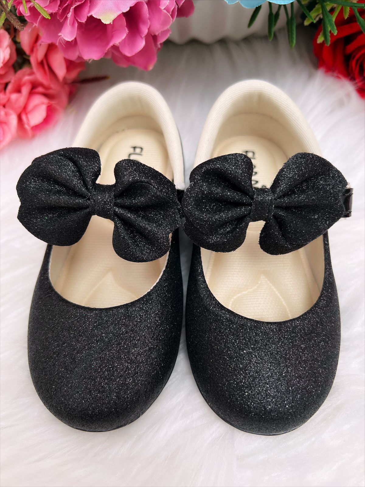 Sapatinho Bebê Preto Verniz Com Glitter e Laço para Festas