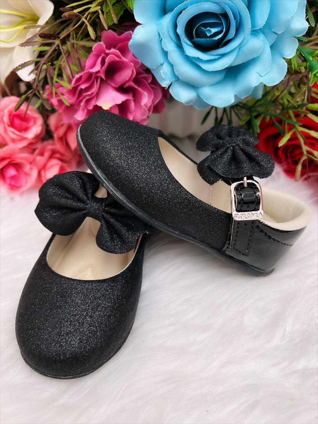 Sapatinho Bebê Preto Verniz Com Glitter e Laço para Festas