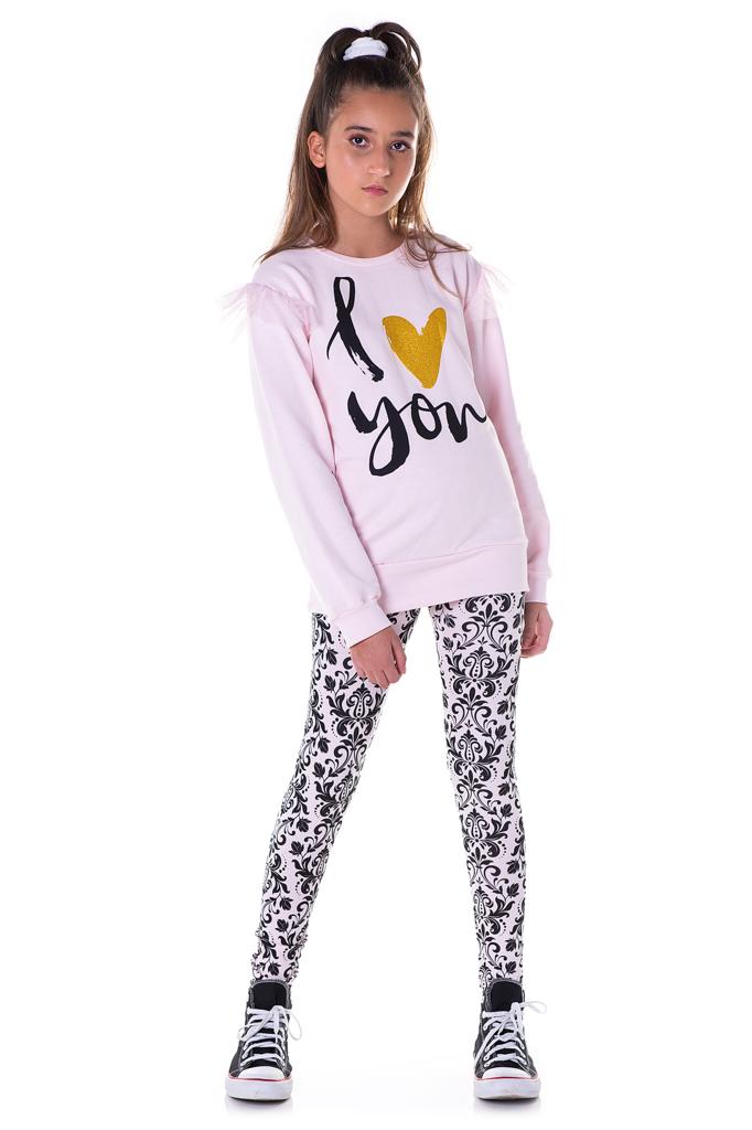 Conjunto Moletom Infantil Rosa Chá Com Calça Legging Estampada