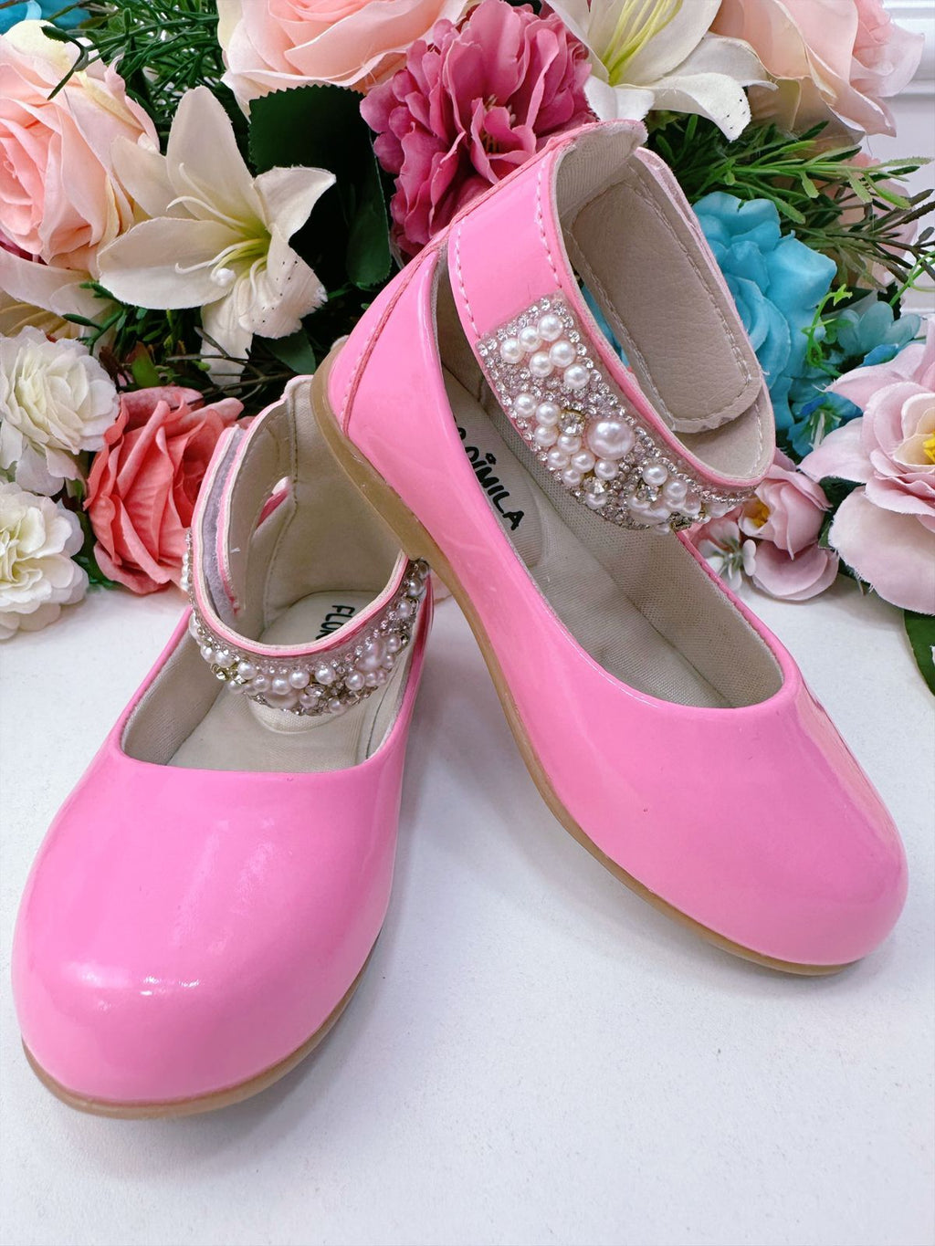 Sapatinho Infantil Rosa Chiclete Com Tornozeleira Aplique De Pérolas E Strass