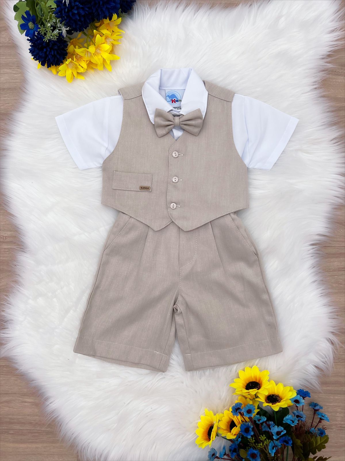 Conjunto Social Infantil Menino Camisa em Poliéster e Bermuda em Algodão Bege