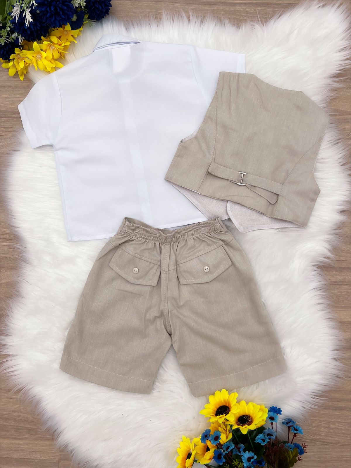 Conjunto Social Infantil Menino Camisa em Poliéster e Bermuda em Algodão Bege