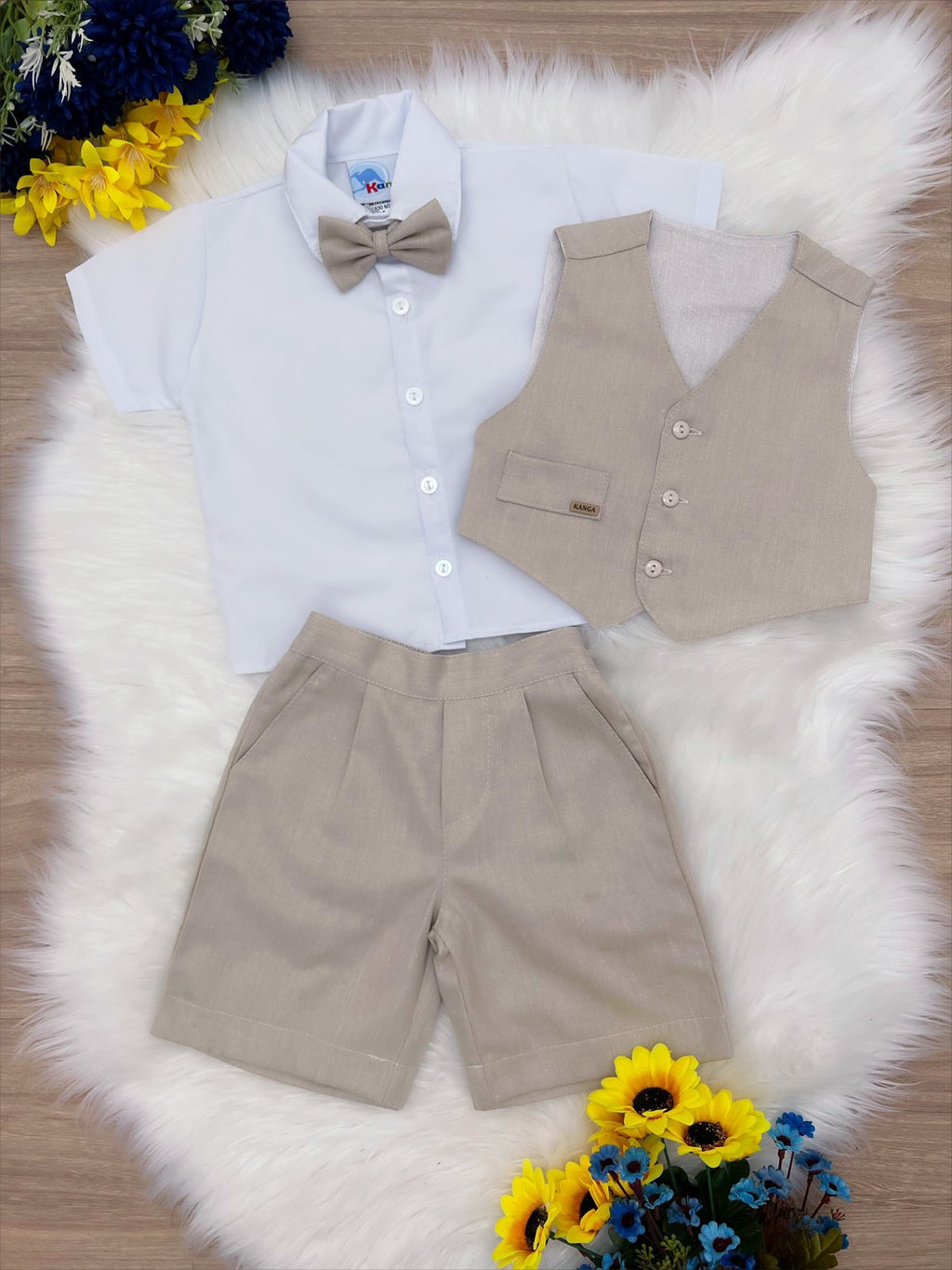 Conjunto Social Infantil Menino Camisa em Poliéster e Bermuda em Algodão Bege