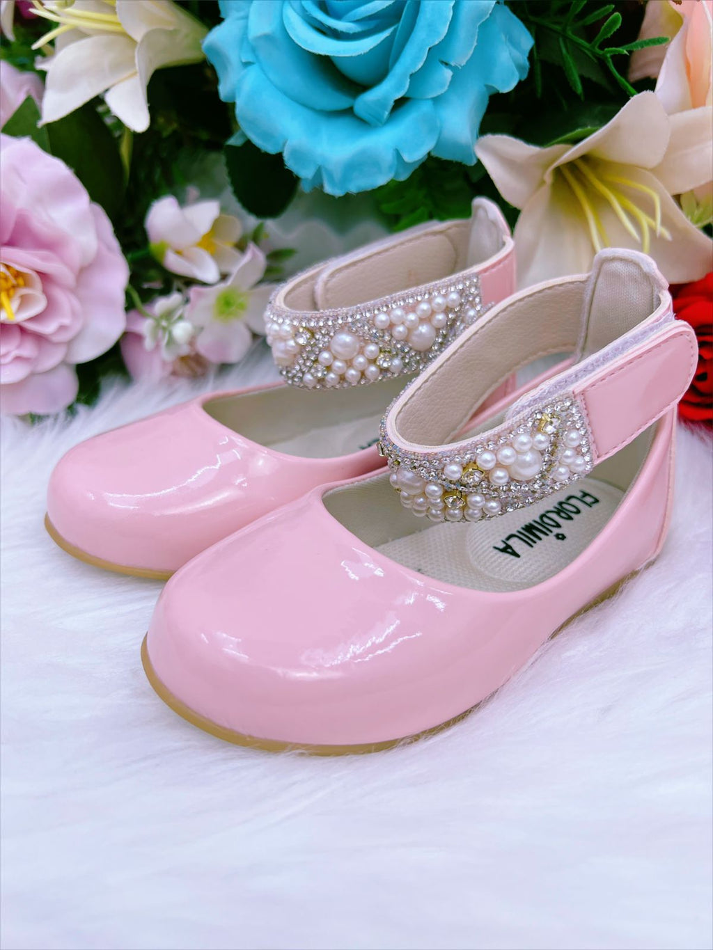 Sapatinho Infantil Rosa Com Tornozeleira Pérolas e Strass