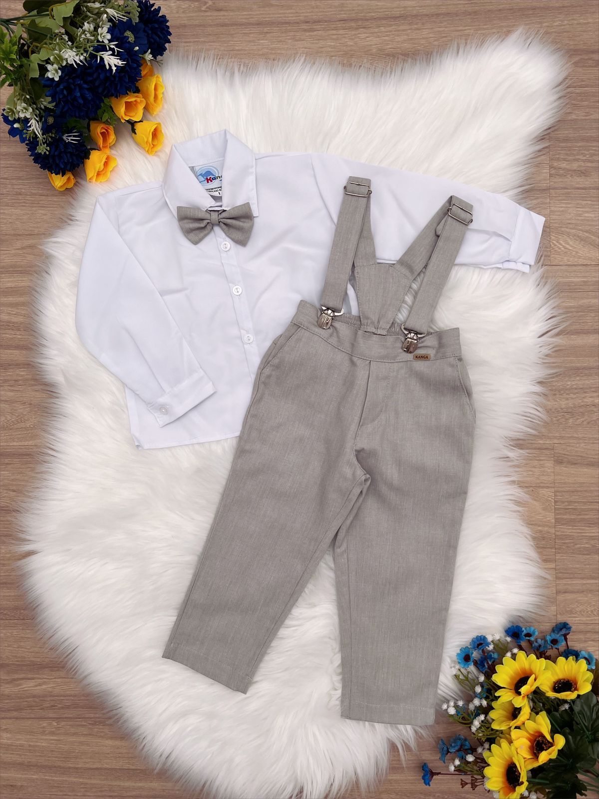 Conjunto Social Infantil Menino Camisa em Poliéster Calça e Suspensório em Algodão Cinza Claro
