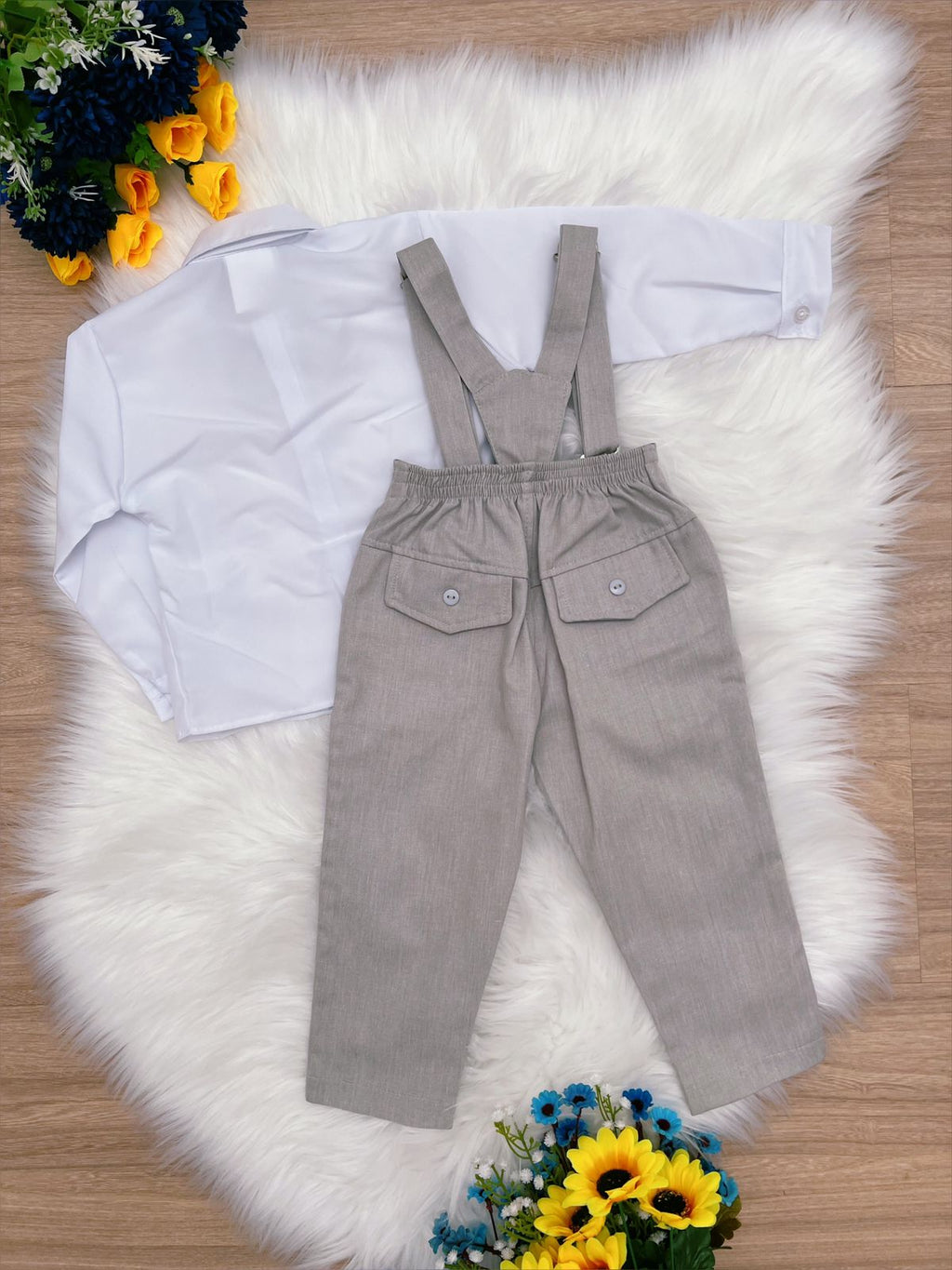 Conjunto Social Infantil Menino Camisa em Poliéster Calça e Suspensório em Algodão Cinza Claro
