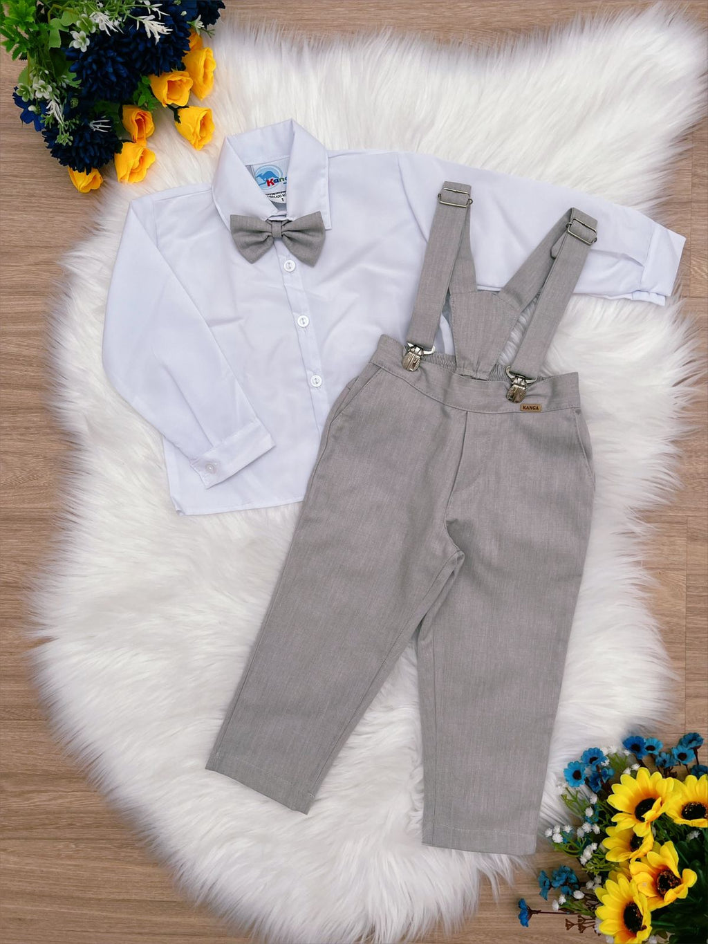 Conjunto Social Infantil Menino Camisa em Poliéster Calça e Suspensório em Algodão Cinza Claro
