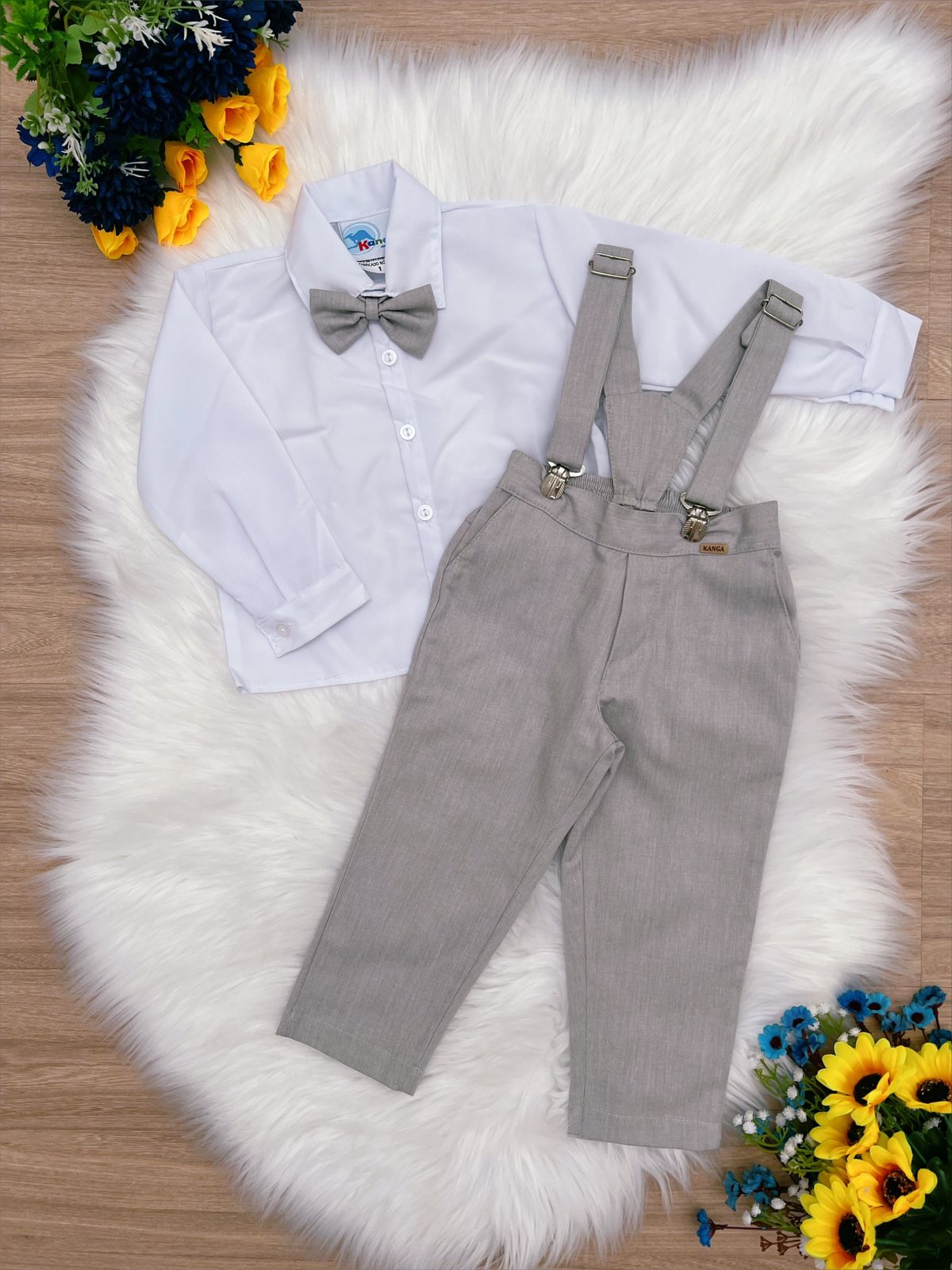 Conjunto Social Infantil Menino Camisa em Poliéster Calça e Suspensório em Algodão Cinza Claro