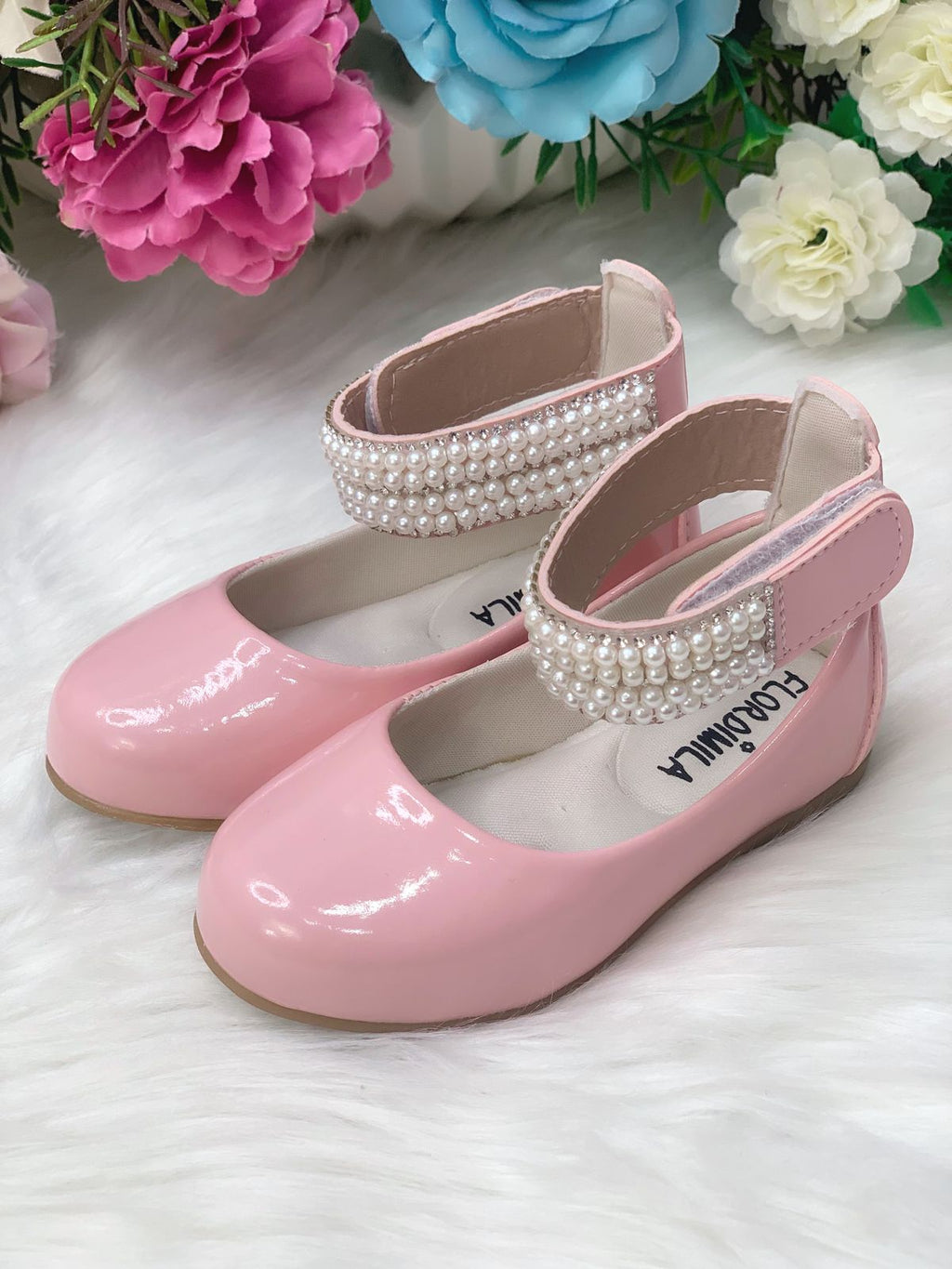 Sapatinho Infantil Rosa Verniz com Tornozeleira e Aplique de Pérolas e Strass