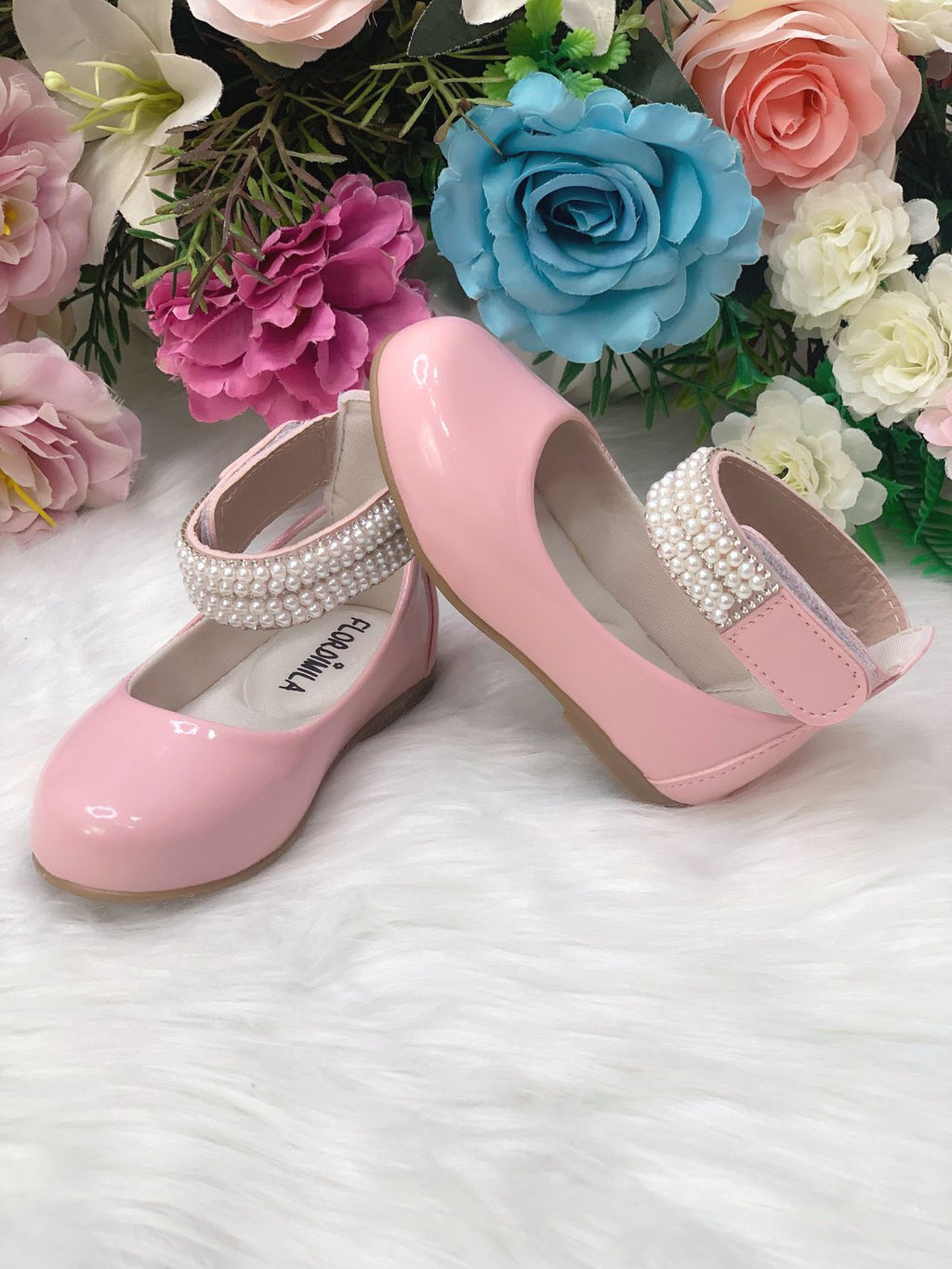 Sapatinho Infantil Rosa Verniz com Tornozeleira e Aplique de Pérolas e Strass